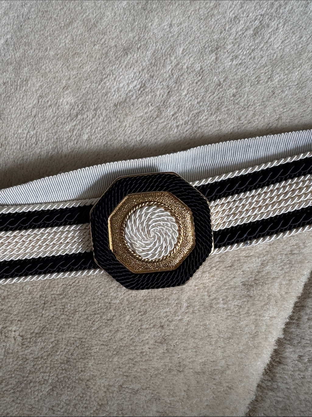 Vintage Made In Austria. High Quality Black And White Rope Belt With Gold Accent